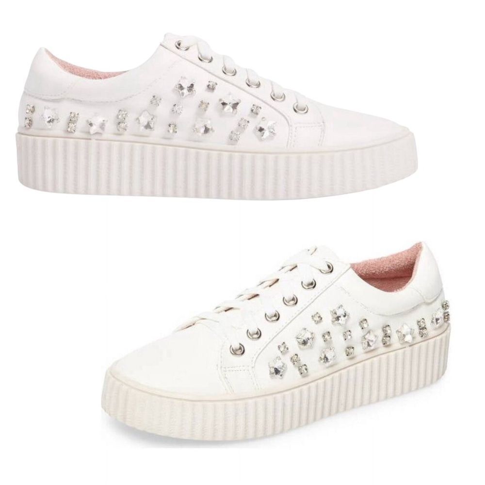Lauren Lorraine Pam White Embellished Platform Lace Up Rhinestone Sneakers